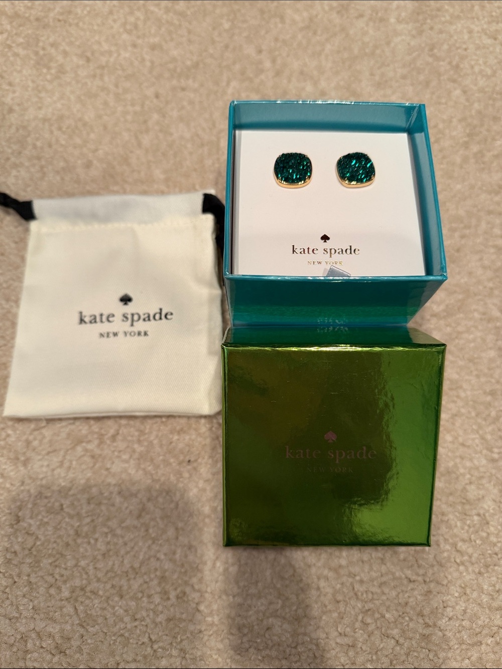 kate spade green glitter stud earrings with gold trim